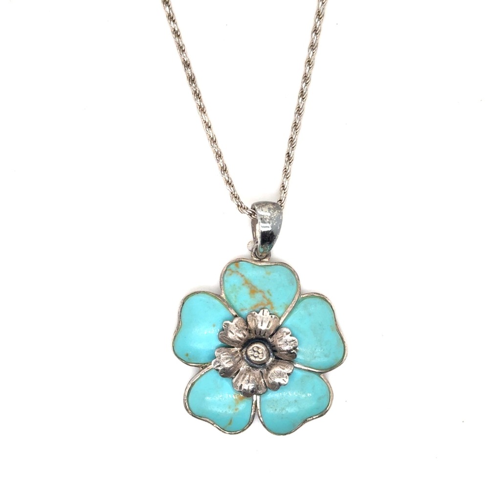 Sterling Silver Turquoise Flower Pendant Necklace 18 Inch Rope Chain 12.3g